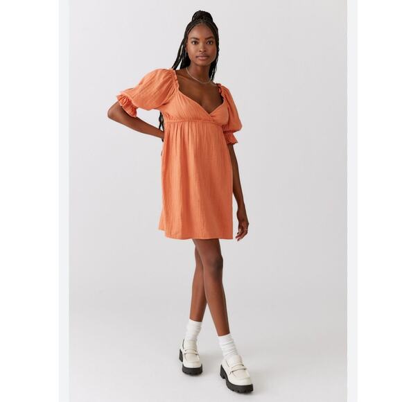 Billabong Perfect Paradise Coral/Terracotta Babydoll Puff Sleeve Dress Size L - Picture 11 of 12